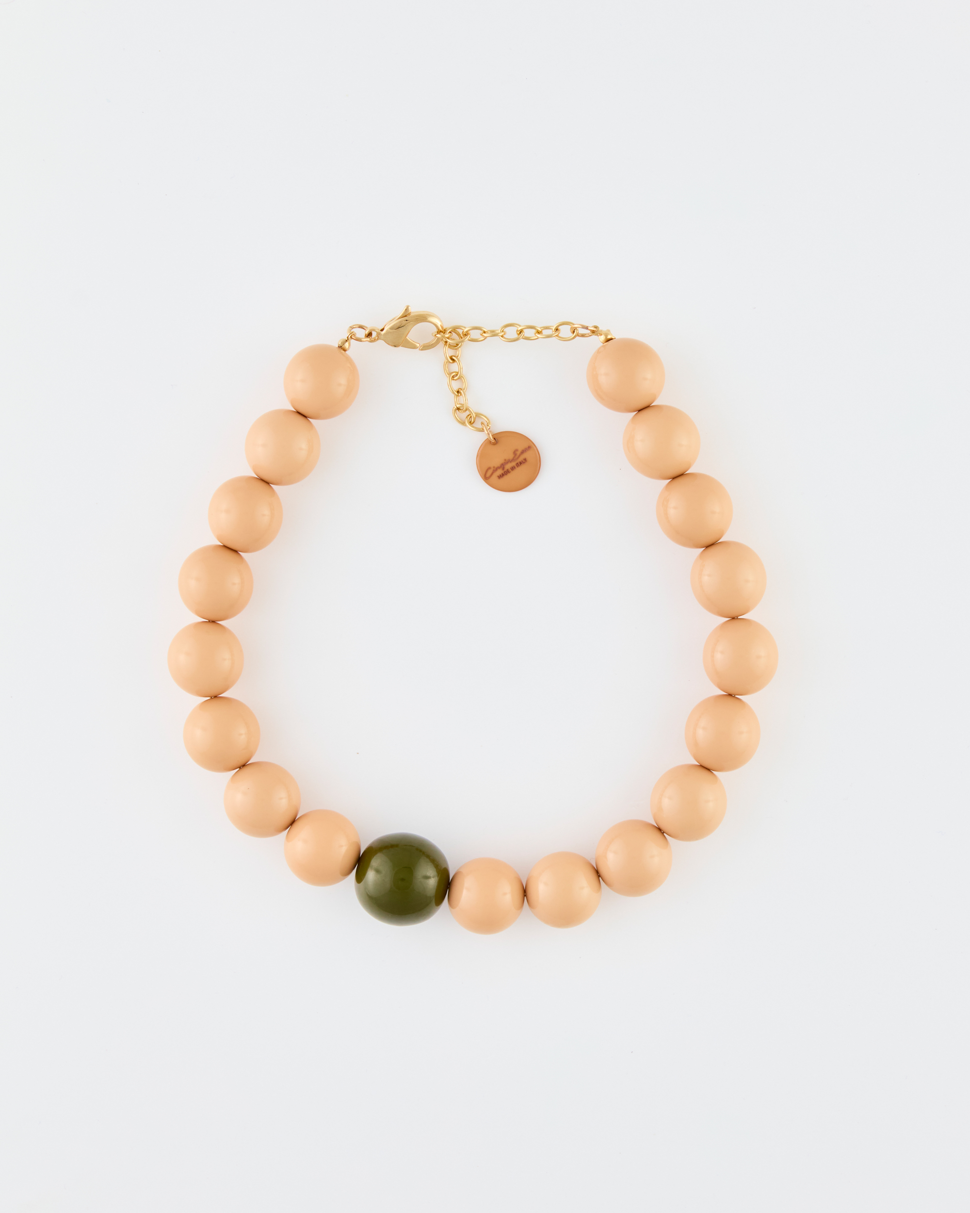 Collana Girocollo Boule cm 2,2 Tortora+ 1 boule cm 2,8 Olivine+ 8 cm di allungabile