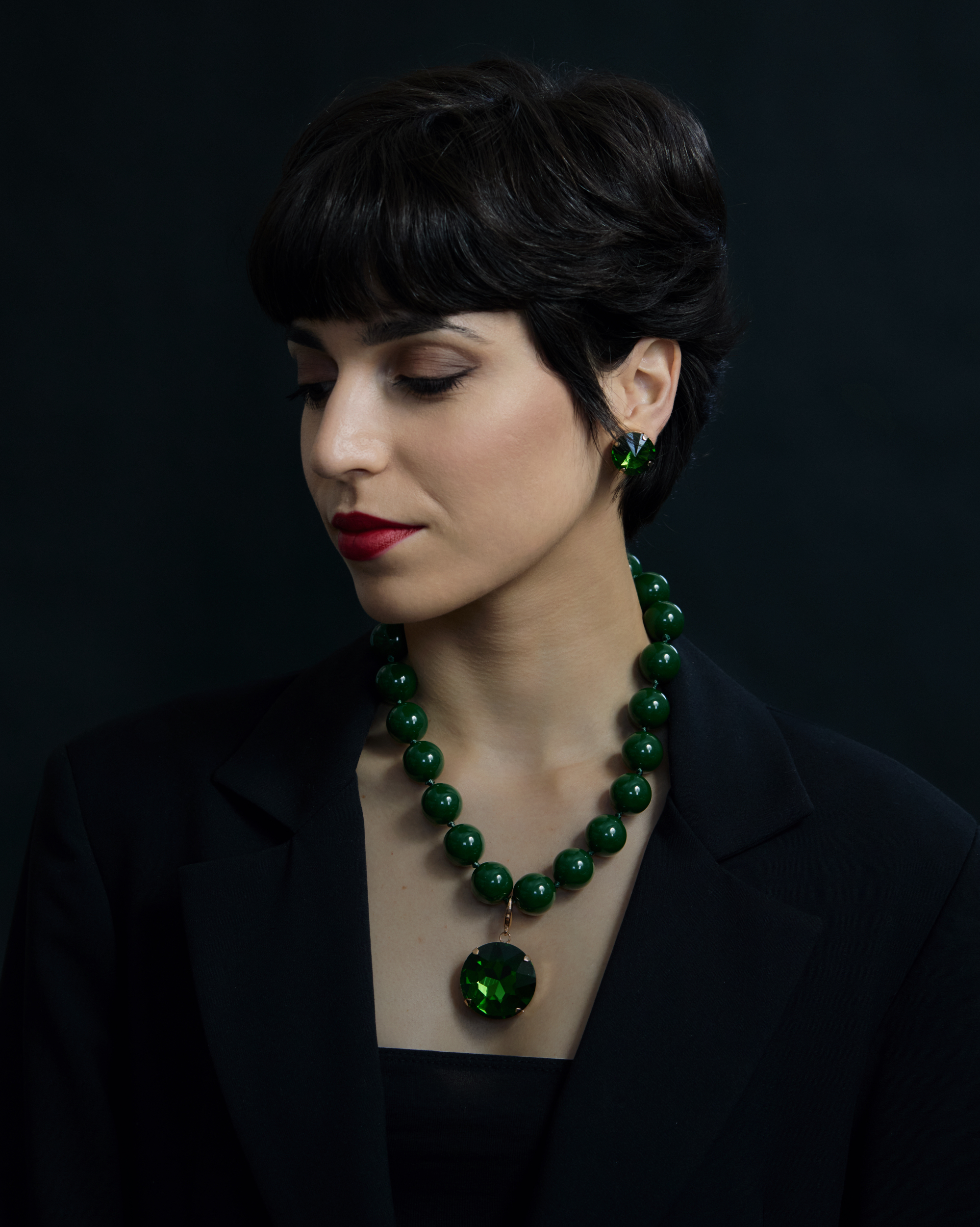 Collana girocollo boule Verde Camouflage + strass smeraldo - immagine 4